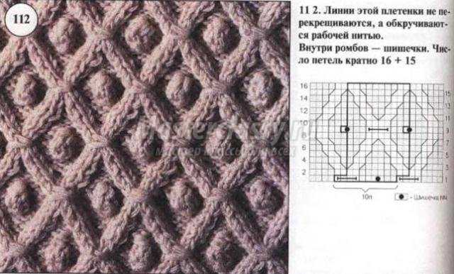 Ажурные ромбы с шишечками спицами схемы